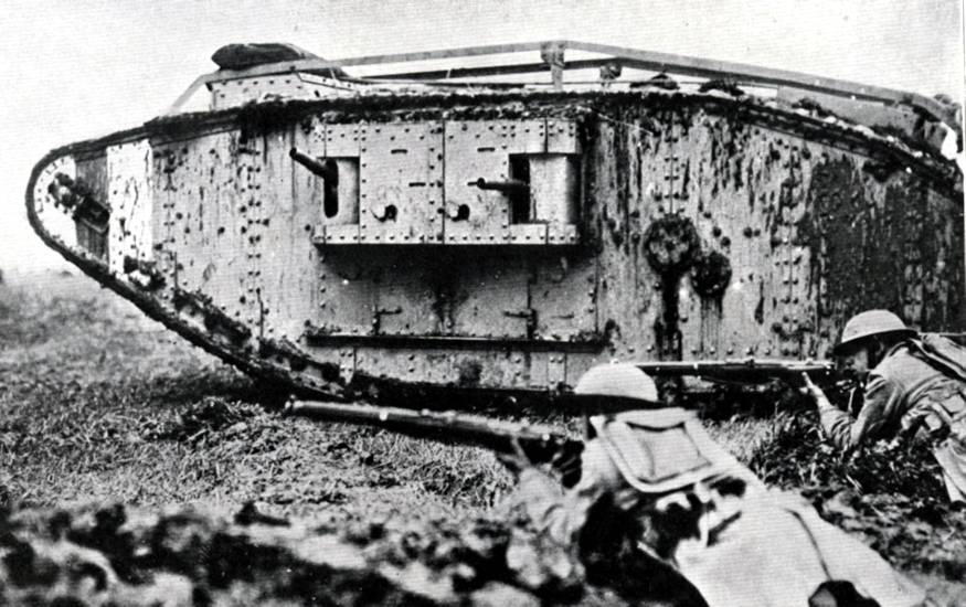 Soldiers of the New York National Guard's 107th Infantry Regiment, a part of the 27th Division, train with a British machine-gun armed tank during training for the assault on the Hindenburg Line during September 1918. When the attack kicked off the 107th lost 1,000 men wounded and killed out of a strength of 1,662. The tanks that supported the attack on September 29, 1918 were quickly knocked out. (New York National Guard Courtesy Photo)